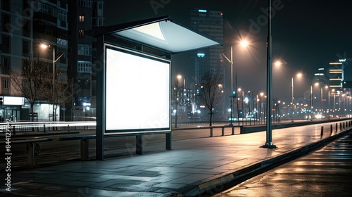 Empty white blank street billboard at night, blank white glowing signboard on roadside in city at night time, Promotional poster mock up