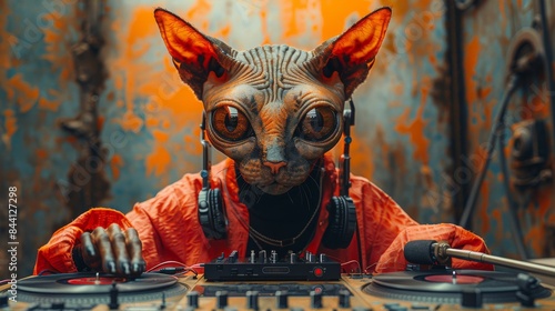 Hybrid image, a portrait of an alien with large alien eyes and with long ears of an animal, nose of an animal, playing on synthesizers and turntable with vinyls, hybrid mixture, weird, wearing headpho