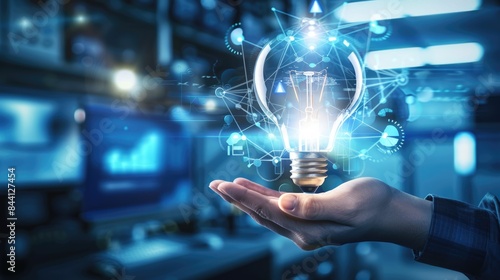 Procurement management concept: Hand holding bulb idea of sourcing and acquiring materials, products, and services from suppliers to meet the organization's needs