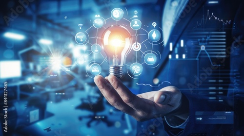 Procurement management concept: Hand holding bulb idea of sourcing and acquiring materials, products, and services from suppliers to meet the organization's needs