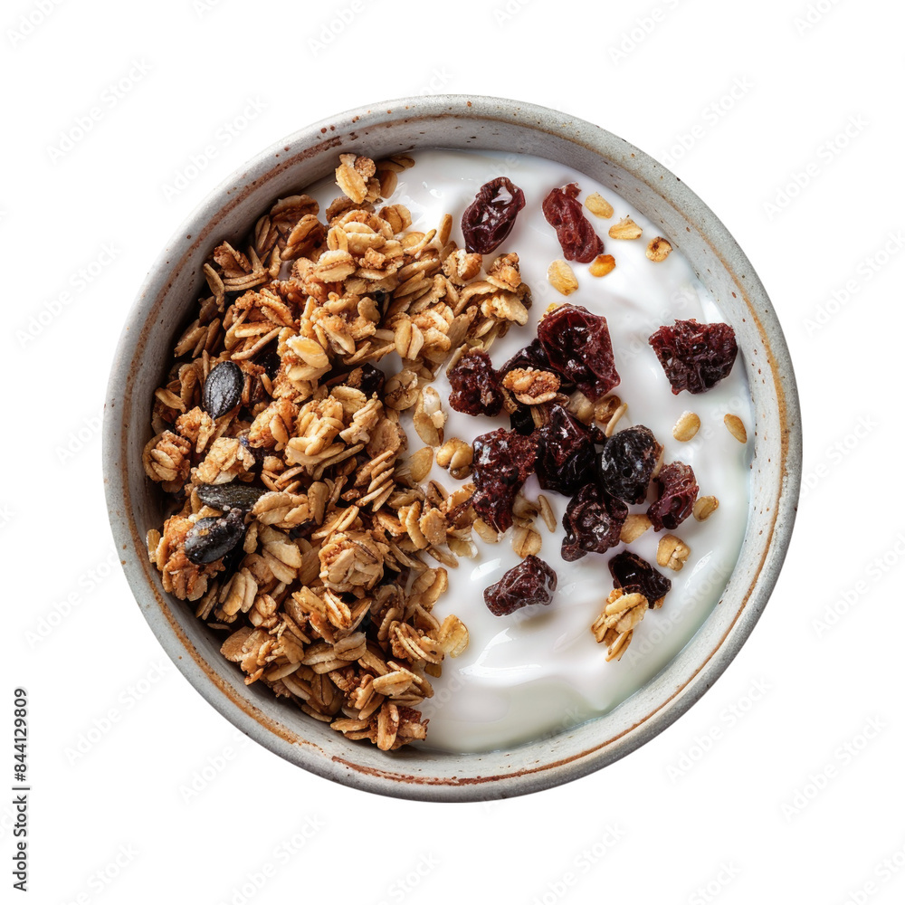 Bowl of Yogurt with Granola and Raisins Isolated on a Transparent Background Bowl of Yogurt with Granola and Raisins Isolated on a Transparent Background