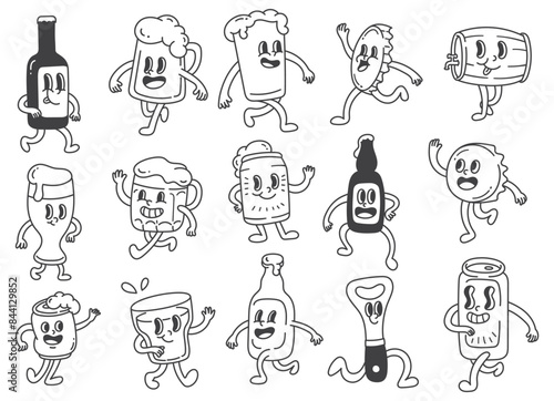Vintage Cartoon Collection of Beer Bottles, Cans, and Glasses - Retro Style Illustrations with Cheerful Characters for Craft Beer, Brewery, and Beverage Branding