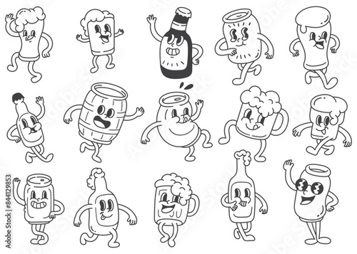 Vintage Cartoon Collection of Beer Bottles, Cans, and Glasses - Retro Style Illustrations with Cheerful Characters for Craft Beer, Brewery, and Beverage Branding