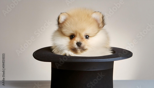 Adorable Pomeranian Puppy Popping Out of a Top Hat photo