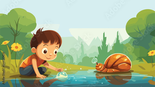 Little boy catching a snail vector illustration. 2d