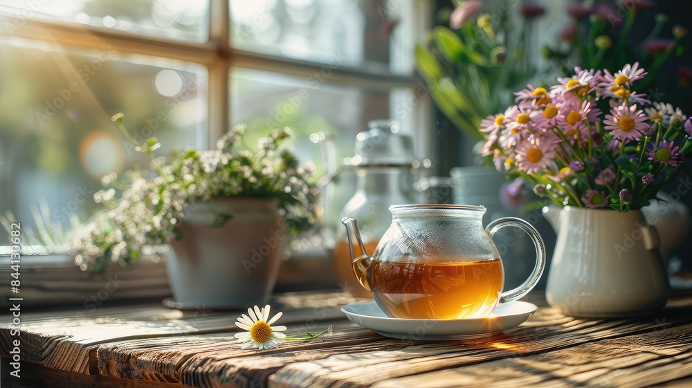 Still life with a cup of tea, a teapot and a vase of flowers by the window. Still life with a cup of tea, a teapot and a vase of flowers by the window.