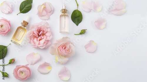 Natural skin care products with rose flowers and petals on white background.