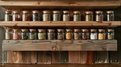 Fototapeta Naklejka Na Ścianę i Meble -  Rustic wooden spice rack with a variety of spices in glass jars.