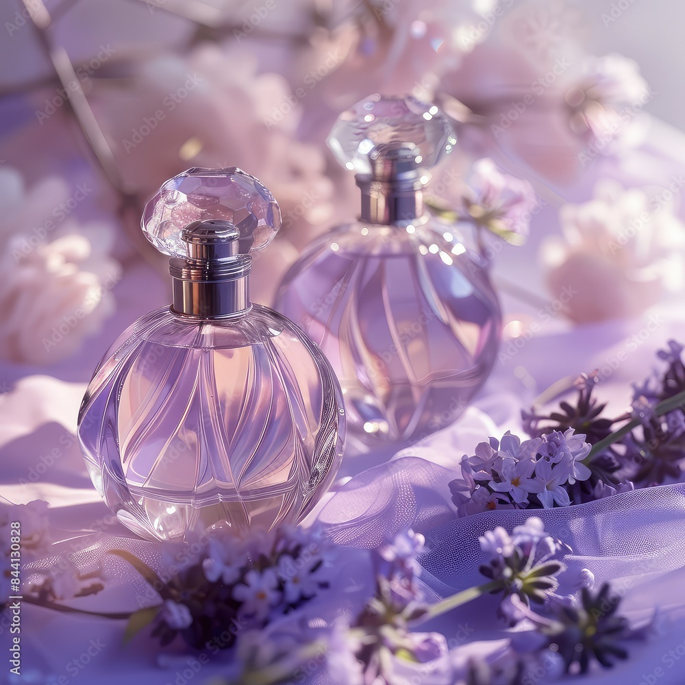 Two elegant perfume bottles on a bed of purple flowers. Two elegant perfume bottles on a bed of purple flowers.