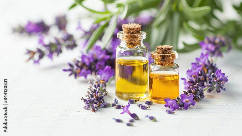 Two small bottles of essential oil with lavender flowers on white background. Aromatherapy, natural skin care and herbal medicine concept. Two small bottles of essential oil with lavender flowers on white background. Aromatherapy, natural skin care and herbal medicine concept.