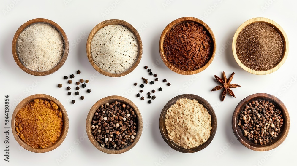 Various spices in wooden bowls isolated on white background. Top view. Various spices in wooden bowls isolated on white background. Top view.