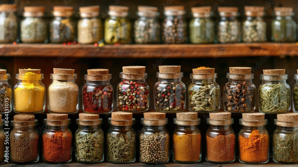 A variety of spices and herbs in glass jars on wooden shelves in a pantry or kitchen. A variety of spices and herbs in glass jars on wooden shelves in a pantry or kitchen.