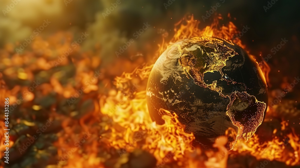 Earth globe engulfed in flames, America consumed by fire. Conceptual illustration of global warming, rising temperatures, extreme heat, and climate change disaster. Earth globe engulfed in flames, America consumed by fire. Conceptual illustration of global warming, rising temperatures, extreme heat, and climate change disaster.