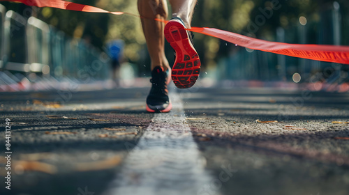 Athlete in red and black outfit sprinting across the finish line in dynamic motion.