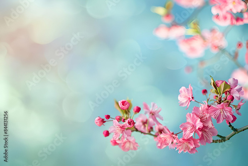 Close up of cherry blossom tree branch with pink flowers on blue background
