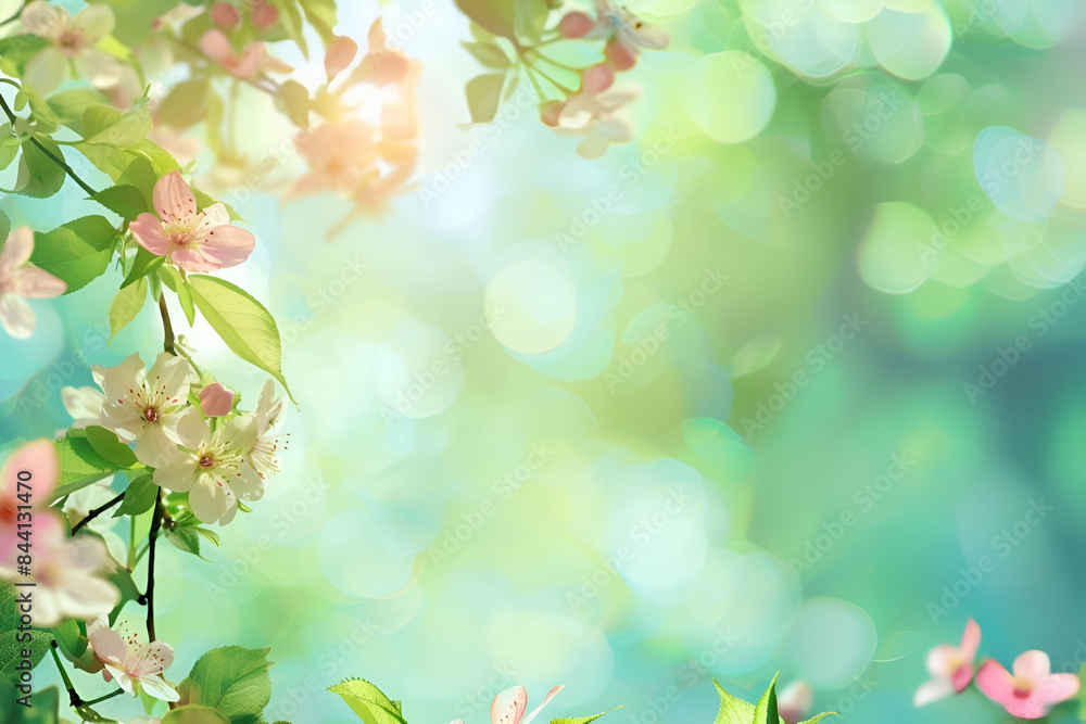 A tree branch with pink and white flowers and green leaves on a sunny day A tree branch with pink and white flowers and green leaves on a sunny day