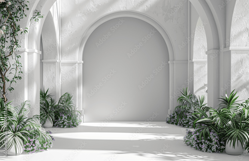 Fototapeta premium Elegant White Archway with Lush Green Plants and Soft Natural Light - Ideal for Architectural Photography, Interior Design, and Tranquil Garden Spaces
