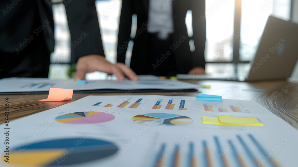 Fototapeta premium business people working together on marketing plan with graphs and charts. laptop computer in foreground with colorful sticky notes spread out across desk surface 