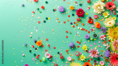 Bright flowers and hexagonal beads scattered on a green background 
