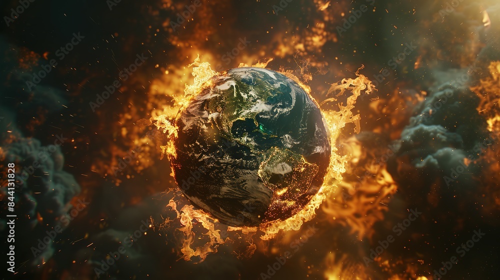 Earth globe engulfed in flames, America consumed by fire. Conceptual illustration of global warming, rising temperatures, extreme heat, and climate change disaster. Earth globe engulfed in flames, America consumed by fire. Conceptual illustration of global warming, rising temperatures, extreme heat, and climate change disaster.