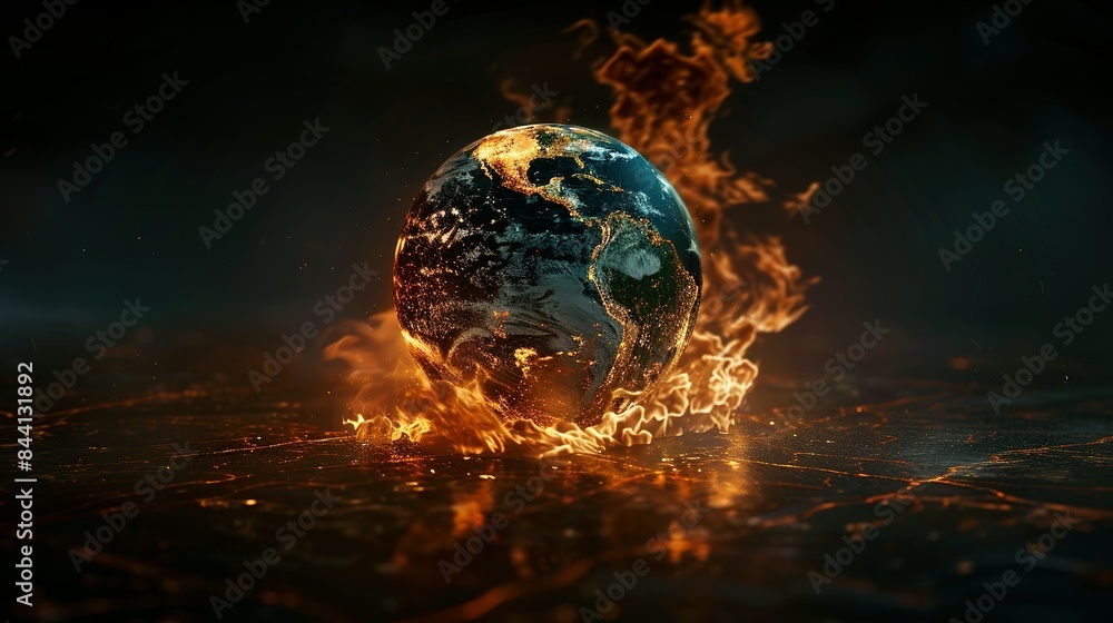 Earth globe engulfed in flames, America consumed by fire. Conceptual illustration of global warming, rising temperatures, extreme heat, and climate change disaster.