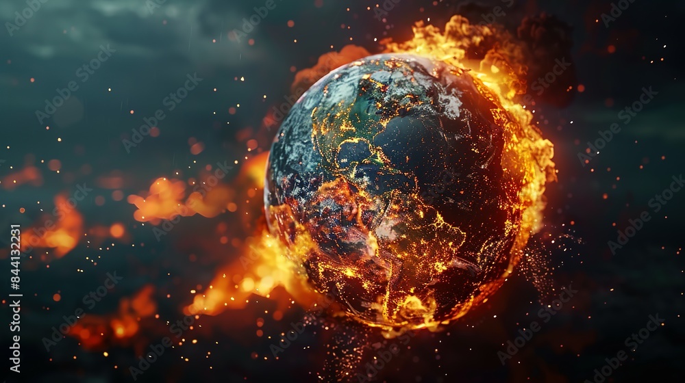 Earth globe engulfed in flames, America consumed by fire. Conceptual illustration of global warming, rising temperatures, extreme heat, and climate change disaster. Earth globe engulfed in flames, America consumed by fire. Conceptual illustration of global warming, rising temperatures, extreme heat, and climate change disaster.