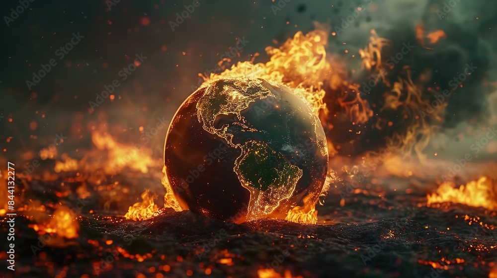 Earth globe engulfed in flames, America consumed by fire. Conceptual illustration of global warming, rising temperatures, extreme heat, and climate change disaster. Earth globe engulfed in flames, America consumed by fire. Conceptual illustration of global warming, rising temperatures, extreme heat, and climate change disaster.