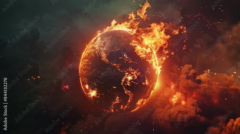 Earth globe engulfed in flames, America consumed by fire. Conceptual illustration of global warming, rising temperatures, extreme heat, and climate change disaster. Earth globe engulfed in flames, America consumed by fire. Conceptual illustration of global warming, rising temperatures, extreme heat, and climate change disaster.