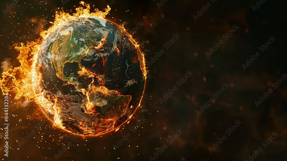 Earth globe engulfed in flames, America consumed by fire. Conceptual illustration of global warming, rising temperatures, extreme heat, and climate change disaster. Earth globe engulfed in flames, America consumed by fire. Conceptual illustration of global warming, rising temperatures, extreme heat, and climate change disaster.