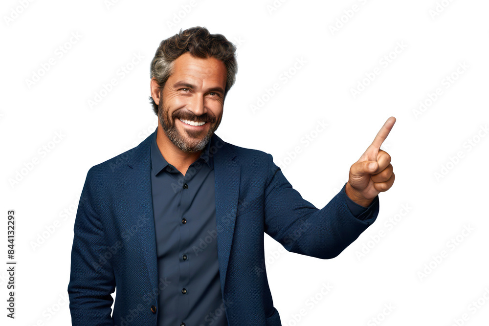 Positive confident middle aged smiling man, transparent background PNG, pointing finger showing idea Positive confident middle aged smiling man, transparent background PNG, pointing finger showing idea