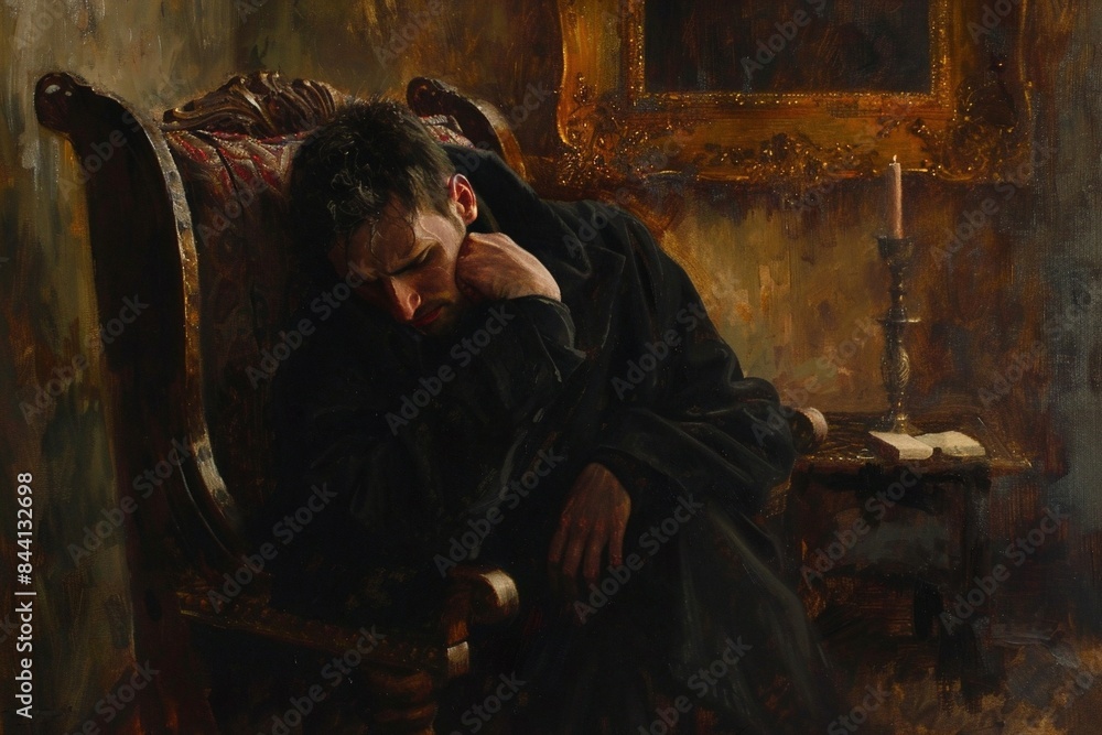 A man is sitting in a chair with his hands on his neck. The painting is of a man in a black robe, and the chair is brown. The painting has a mood of sadness and contemplation A man is sitting in a chair with his hands on his neck. The painting is of a man in a black robe, and the chair is brown. The painting has a mood of sadness and contemplation
