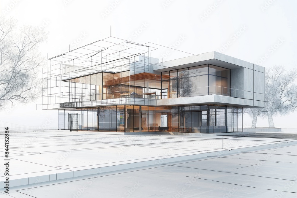 Modern House Architectural Design with Wireframe Overlay Modern House Architectural Design with Wireframe Overlay