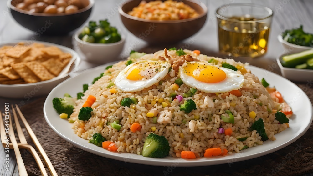 Fried rice with chicken, egg and vegetables, served with crackers and pickles Fried rice with chicken, egg and vegetables, served with crackers and pickles
