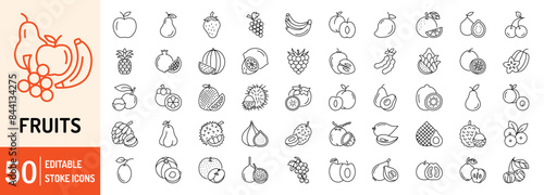 Fruits editable stroke outline web icons set. Apple, mango, banana, orange, watermelon, pineapple, guava, jackfruit and strawberry. Vector illustration