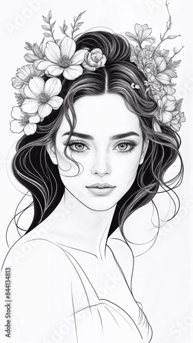 Detailed black and white sketch of a pretty young woman with curly hair and a flower crown, captured in a side profile