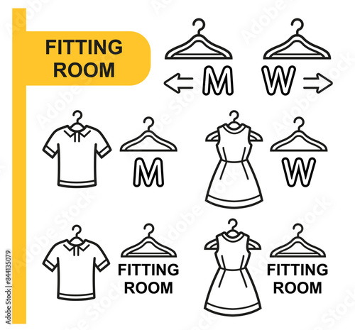 Fitting changing room, male female dressing cabin, try clothing in store line icon set. Woman dress, man t-shirt hanging on clothes hanger. Buy fashion textile in shop. Boy, girl wardrobe sign. Vector