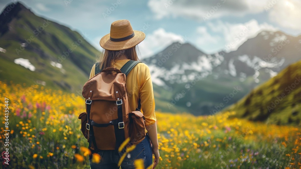 Back view of a woman hiker wearing a hat and backpack, standing in a field of vibrant yellow wildflowers with mountains in the background, enjoying the beauty of nature and adventure. Generative AI Back view of a woman hiker wearing a hat and backpack, standing in a field of vibrant yellow wildflowers with mountains in the background, enjoying the beauty of nature and adventure. Generative AI