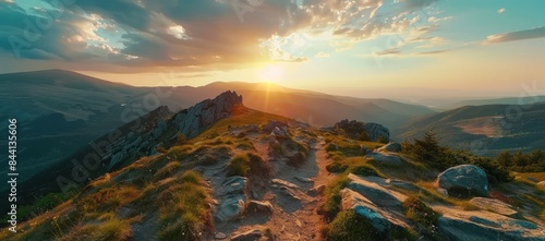 Sunset in the mountains of Carpathian  mountain path and rocks  panorama view from top to bottom  wide angle  national geographic photography.
