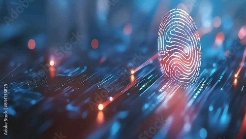 Red 3D Fingerprint Symbolizing Ethical Hacking with Blurred Data Background
