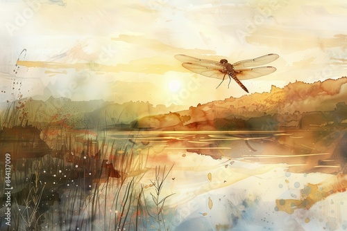 graceful dragonfly skimming over tranquil river at golden hour beautiful nature watercolor illustration
