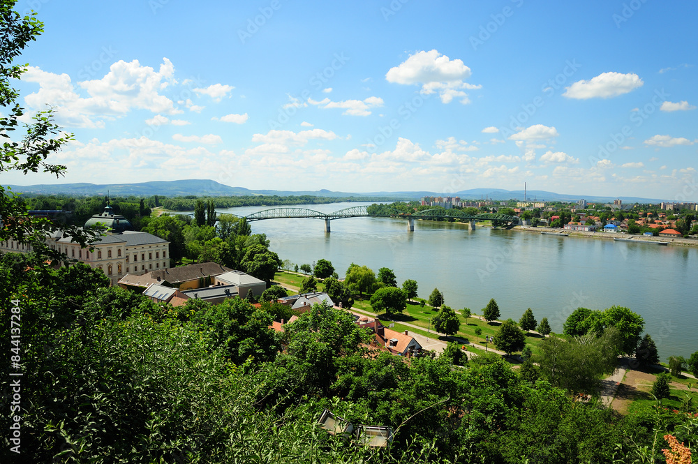Fototapeta premium A view of Esztergom, Hungary, with Štúrovo, Slovakia visible on the other side of the Danube River