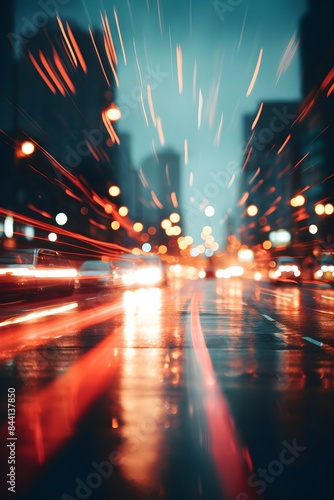 Blurred night heavy traffic in the city. Abstract background with bright colorful light trails on road. Nightlife. Speed and motion concep photo