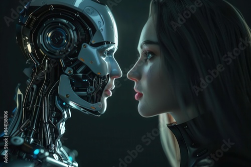 human and ai robot gazing at each other artificial intelligence and human love concept futuristic digital art