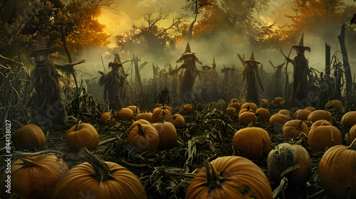 Spooky pumpkin patch with creepy scarecrows standing guard in the moonlight on Halloween night. photo