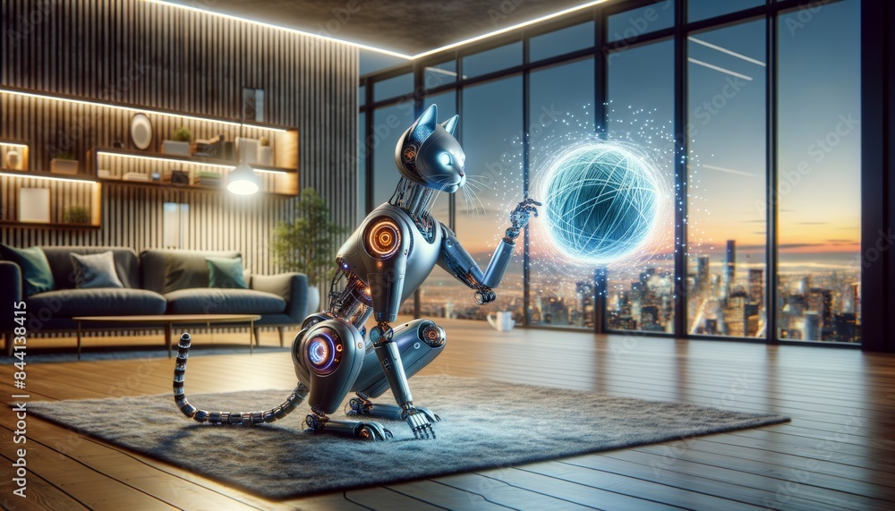 Smart AI Cat Robot with Holographic Ball in Upscale Living Room Smart AI Cat Robot with Holographic Ball in Upscale Living Room
