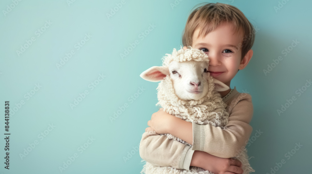 little boy embracing a soft woolly sheep on a calm blue backdrop little boy embracing a soft woolly sheep on a calm blue backdrop