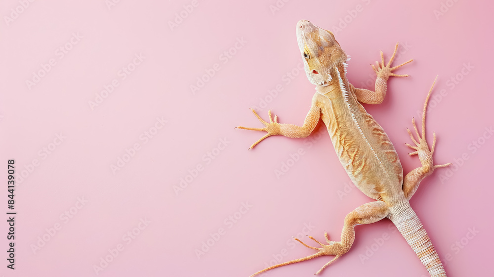 Obraz premium beige lizard posing on a soft pink background, with copy space for text