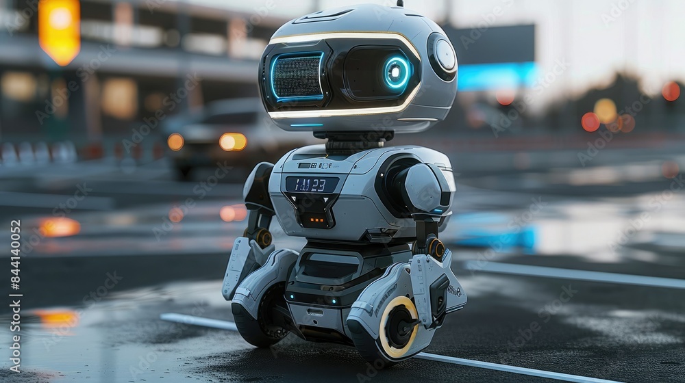 Futuristic robot with advanced technology standing on a wet street at dusk, showcasing modern AI and robotics in urban settings. Futuristic robot with advanced technology standing on a wet street at dusk, showcasing modern AI and robotics in urban settings.