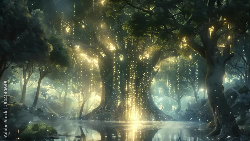 At the heart of the forest a holy sanctuary is formed by magnificent trees made entirely of glowing light. At the heart of the forest a holy sanctuary is formed by magnificent trees made entirely of glowing light.