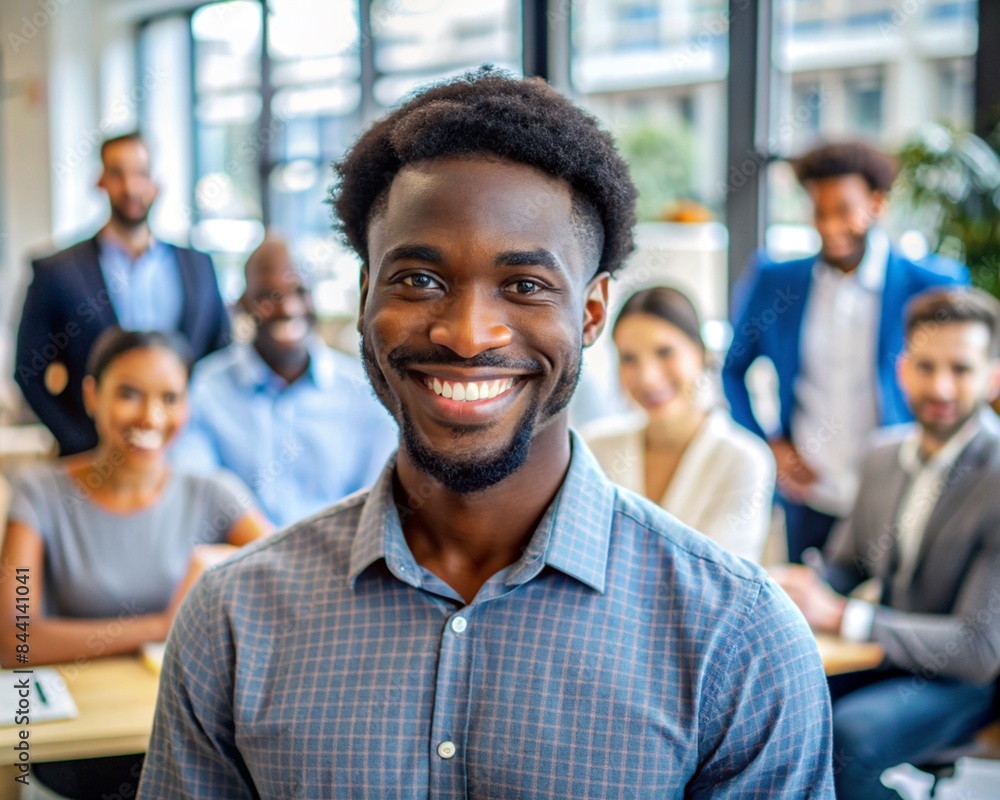 portrait of a smiling man, Portrait of a happy African American small business owner with arms folded. The millennial black male team leader smiles at the camera, with his employees working in a moder portrait of a smiling man, Portrait of a happy African American small business owner with arms folded. The millennial black male team leader smiles at the camera, with his employees working in a moder